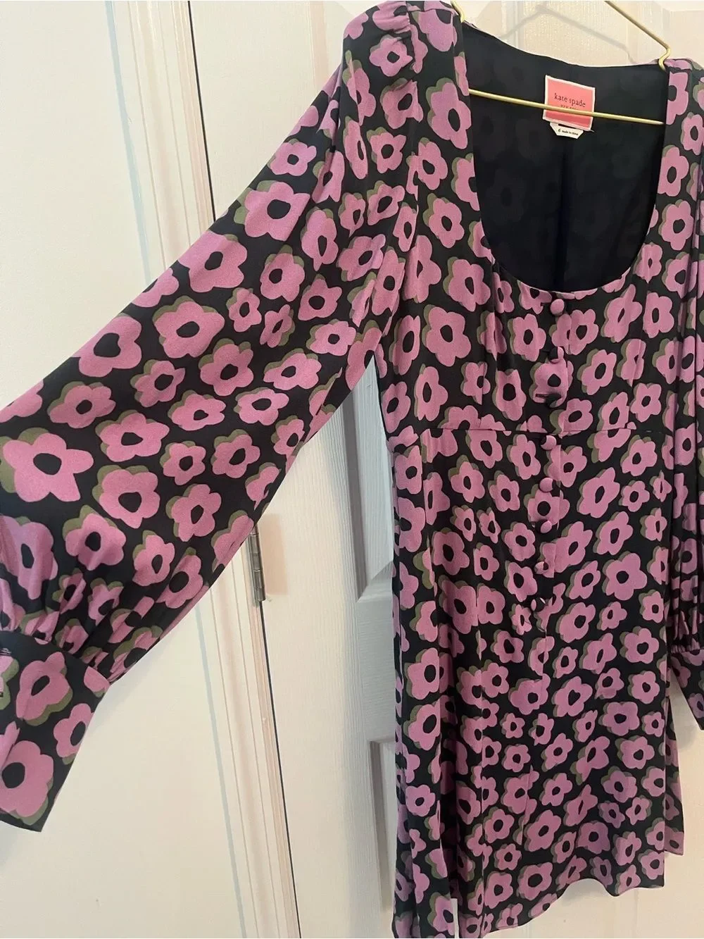 kate spade Black Dress with Purple Floral Print, Square Neck Mini